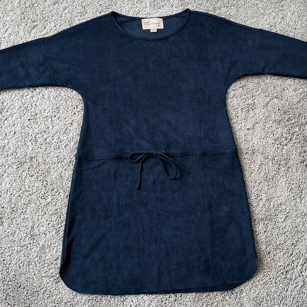 Ethereal Long Sleeve Navy Blue Faux Suede Dress